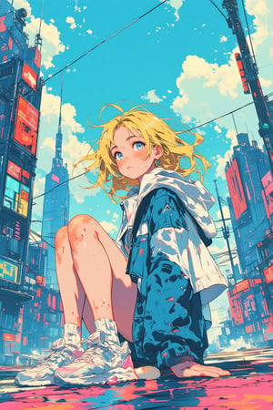 Sketch painting. lyh_niji. anime style. 1girl. A vibrant anime-style illustration of a young blonde woman sitting on the ground in a futuristic cityscape. She wears a blue and white windbreaker and white sneakers with pink accents. Her wide blue eyes are filled with wonder, and her cheeks are flushed, suggesting excitement or surprise. The wind gently tousles her hair as futuristic skyscrapers and neon signs fill the background, all under a bright blue sky with fluffy clouds. The setting conveys a sense of adventure in a modern, high-tech urban environment, with bold, clean lines and pastel colors adding a soft yet dynamic feel.