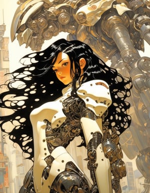 Anime artwork. girl, black long hair blown by the wind, kawaii cybernetic armor, backpack, art by J.C. Leyendecker. Background is a Giant evil Mechanical Robot.