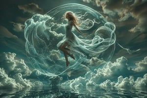 Close up photo of a ((wind fairy)) gliding the cloud, reflections in the water, night scene. in the style of double exposure, Art Nouveau, long exposure, layered lines, chiaroscuro, absurdres, Long_Exposure ral-exposure, 