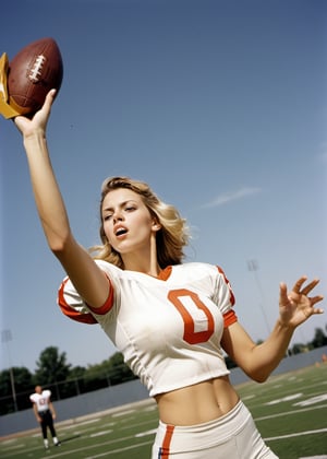 Dutch angle. Photo, Closeup of female quarterback throwing a football, showing midriff. Canon 5d mark 4, Kodak ektar, style by J.C. Leyendecker