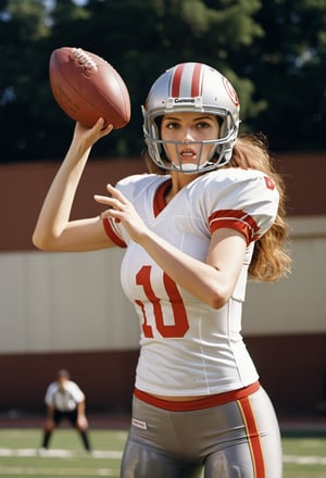 Photo, Closeup female quarterback throwing a football, midriff. Canon 5d mark 4, Kodak ektar, style by J.C. Leyendecker