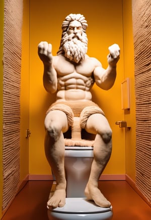 Sculpture of Zeus made of wool, squatting on a Toilet Seat