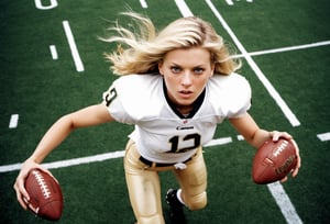 Overhead shot. Photo, Closeup blonde female quarterback throwing a football, midrift. Canon 5d mark 4, Kodak ektar, style by J.C. Leyendecker