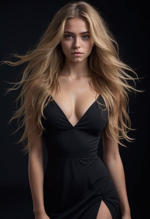 dark shot, full body photo of a hot 24 y.o woman, perfect eyes, natural skin, skin moles, looks at viewer, cinematic shot, german, wearing black dress, blonde, (long hair:1.2), messy hair, voluminous hair, thick muscular body