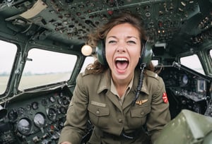 Photo, Female pilot,  screaming,  inside cockpit,  ww2,  canon 5d mark 4, kodak ektar