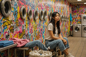 A candid snapshot of a young Asian woman with long, straight hair waiting for her laundry at a laundromat. She is sitting on a chair, leaning against a wall adorned with colorful graffiti. Her face expresses weariness and boredom. The laundromat's atmosphere is filled with a mix of warm and artificial light, reflecting off the row of washing machines in the background. The overall scene presents a relatable, everyday moment of quiet contemplation and leisurely waiting.