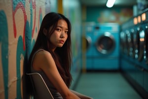 A candid snapshot of a young Asian woman with long, straight hair waiting for her laundry at a laundromat. She is sitting on a chair, leaning against a wall adorned with colorful graffiti. Her face expresses weariness and boredom. The laundromat's atmosphere is filled with a mix of warm and artificial light, reflecting off the row of washing machines in the background. The overall scene presents a relatable, everyday moment of quiet contemplation and leisurely waiting.