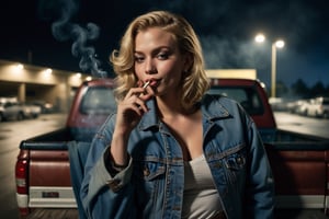 Nighttime photo of a blonde woman smoking and  leaning against the open trunk of a pickup truck. She is smoking. She is wearing a denim jacke, and exudes a carefree attitude with a cigarette in her hand and a playful grin on her face. The background reveals a dimly lit parking lot, with just enough light to cast a mysterious ambiance. A hazy atmosphere envelops the scene, adding to the overall intrigue.