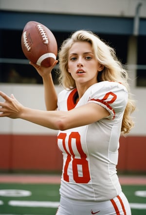 Photo, Closeup blonde female quarterback throwing a football, midrift. Canon 5d mark 4, Kodak ektar, style by J.C. Leyendecker