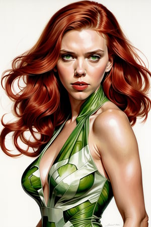 (Scarlett Johansson, wearing straight floor length dress made of a digital painting of The Incredible Hulk printed on silk) white background, red hair, art by art by J.C. Leyendecker