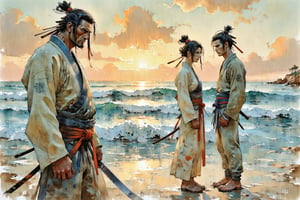 Watercolor painting. Anime style. Illustrate a deeply emotional and dramatic scene between a ronin and his girlfriend at a seaside, set during their final goodbye. The ronin, dressed in worn-out traditional samurai robes, stands solemnly with his hand resting on the hilt of his katana. His girlfriend, wearing a flowing kimono, stands far apart from him, her expression filled with sorrow and longing. They are gazing intensely at each other, the distance between them symbolizing the emotional rift as they say their farewells. The backdrop is a serene, yet melancholic, seaside with waves gently lapping at the shore, and the setting sun casting long shadows and a golden glow over the scene. The sky is painted with hues of orange and pink, adding to the bittersweet atmosphere. The overall composition captures the profound emotion of separation and unspoken love.