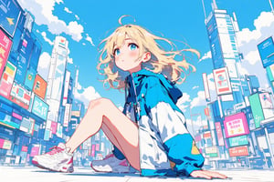 Sketch painting. lyh_niji. anime style. 1girl. A vibrant anime-style illustration of a young blonde woman sitting on the ground in a futuristic cityscape. She wears a blue and white windbreaker and white sneakers with pink accents. Her wide blue eyes are filled with wonder, and her cheeks are flushed, suggesting excitement or surprise. The wind gently tousles her hair as futuristic skyscrapers and neon signs fill the background, all under a bright blue sky with fluffy clouds. The setting conveys a sense of adventure in a modern, high-tech urban environment, with bold, clean lines and pastel colors adding a soft yet dynamic feel.