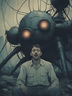 Closeup of a frightened man, the narrator of War of the World, facing a Martian Tripod Machine with three legs