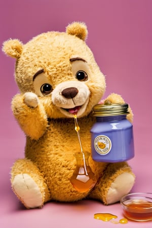 Photo of a teddy bear, Winnie the poo, holding a pot of honey, w00len, raw photo