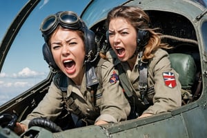 Photo,  Female pilot,  screaming,  inside cockpit,  ww2,  canon 5d mark 4, Kodak ektar, style by Masamune Shirow, style by J.C. Leyendecker. ra-exposure