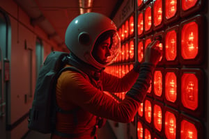 A female astronaut in an orange spacesuit is floating inside a dimly lit spaceship. She is carefully removing rectangular components from a wall panel filled with glowing lights, each piece sliding out one by one. The corridor is bathed in a red glow, with reflections of light creating a tense atmosphere. The astronaut's face is partially visible through her helmet, showing focus and determination as she works to disable the system. The background features the same iconic grid pattern, emphasizing the cold, mechanical nature of the environment."