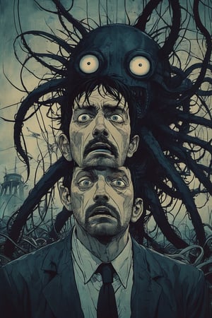 Closeup of a frightened man, eyes wide open, the narrator of War of the World, Looking at a Tripod with three legs and tentacles.