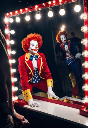 Photo of Ronald Macdonald, backstage looking into a vinity mirror with lightbulbs around the edge, with a reflection of Uncle Sam in the mirror