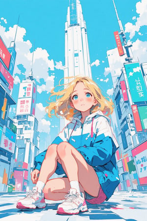 Sketch painting. lyh_niji. anime style. 1girl. A vibrant anime-style illustration of a young blonde woman sitting on the ground in a futuristic cityscape. She wears a blue and white windbreaker and white sneakers with pink accents. Her wide blue eyes are filled with wonder, and her cheeks are flushed, suggesting excitement or surprise. The wind gently tousles her hair as futuristic skyscrapers and neon signs fill the background, all under a bright blue sky with fluffy clouds. The setting conveys a sense of adventure in a modern, high-tech urban environment, with bold, clean lines and pastel colors adding a soft yet dynamic feel.