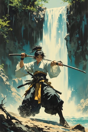 Frank Frazetta fantasy oil painting of Samurai Princess wielding a broad katana under a waterfall