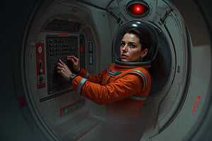 A detailed digital illustration of a female astronaut in an orange space suit, re-enacting the iconic scene from *2001: A Space Odyssey* where David Bowman disables HAL 9000. The astronaut is floating in the stark, minimalist interior of the spacecraft, carefully removing components from the HAL 9000 panel piece by piece. Her expression is focused and intense, with a determined look in her eyes. The HAL 9000 interface, with its red glowing eye, watches her as she methodically works. The scene is bathed in the soft, cold light of the spacecraft, with shadows adding to the tension and isolation. The overall mood is tense, methodical, and atmospheric, capturing the eerie calm of the original scene. High contrast, cinematic lighting, retro-futuristic design, attention to detail.