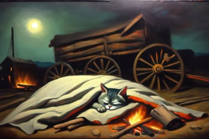 Oil painting. sleeping cat, napping under a blanket, eyes closed, night scene, beside a bonfire and an abandoned wagon, old west,painting