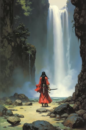 Frank Frazetta fantasy oil painting of Samurai Princess wielding a broad katana under a waterfall