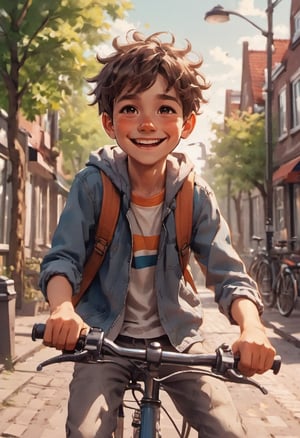 Close up of a happy boy a riding a bicycle in  Nijmegen  dreamyvibes artstyle. zavy-dtchngl