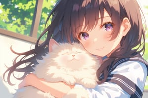 Anime Style. NijiEX Style. Create a close-up portrait of a smiling Japanese young woman in her traditional uniform, holding or sitting next to her beloved cat. The girl, wearing a classic navy blue and white sailor-style school uniform, has a warm, gentle smile on her face as she looks at the camera. Her cat, a cute and fluffy companion, either rests in her arms or sits beside her, gazing up with calm eyes. The background should be softly blurred to keep the focus on the girl and her cat, with natural lighting that highlights their bond. The overall tone of the portrait is bright, heartwarming, and serene, capturing the joy and affection between the girl and her pet.