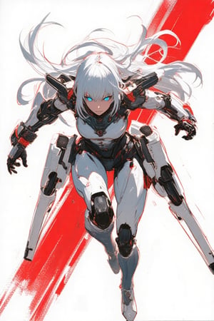 Sketch painting, lyh. A dynamic, futuristic anime-style illustration featuring a cybernetic female character with long white hair flowing behind her. She is equipped with intricate, robotic armor and mechanical enhancements, particularly on her oversized mechanical arms. The character has glowing, intense blue eyes, and her expression is focused and determined as she leaps forward in a powerful action pose. The armor is detailed with a white and black color scheme, adorned with red accents and industrial-like patterns. The background is minimalist with a striking red stripe and white backdrop, giving the image a sleek, sci-fi aesthetic. The overall style is high-tech, cyberpunk, and action-packed, with influences of mecha and futuristic design.