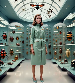 Woman, 1960s style clothing, standing in front of futuristic, space age, glass cases displaying collection of very large insects, beetles, spiders, butterflies, art by Wes Anderson