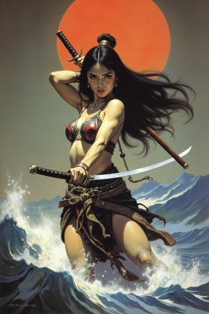 Frank Frazetta fantasy oil painting of Samurai Princess wielding a broad katana under a waterall