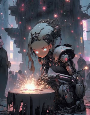 Photo of a sad android girl, led eyes, with metallic robot body, holding a sparkler beside her birthday cake, surrounded by her family. A crumbling cyberpunk ruin in the background, night scene