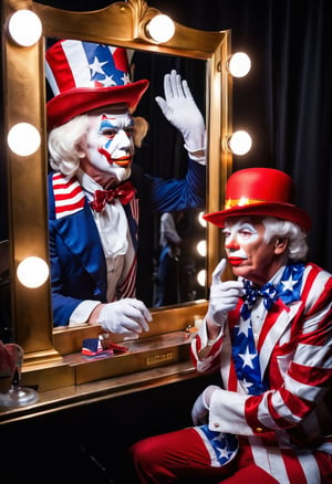 Photo of Ronald Macdonald, backstage looking into a vanity mirror with Uncle Sam reflected in the mirror