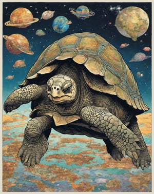 Great A’Tuin. comic turtle in space. On the turtle’s back are elephants standing . Supported on the elephants’ backs is a large, intricate, flat world with visible oceans and continents,none