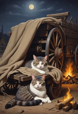 Oil painting. sleeping cat, napping under a blanket, eyes closed, night scene, beside a bonfire and an abandoned wagon, old west