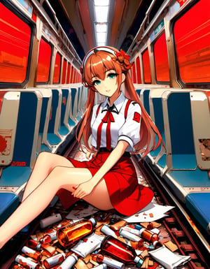 Photograph, 1Girl, sitting on train, red interior, rust, garbage on the floor, broken bottles, art by J.C. Leyendecker . anime style, key visual, vibrant, studio anime, highly detailed,art by mooncryptowow