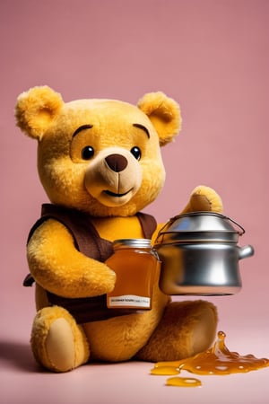 Photo of a teddy bear, Winnie the poo, holding a pot of honey, w00len, raw photo