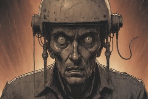 Closeup of the frightened face of the narrator of War of the World, looking up at a Martian Tripod Machine with three legs