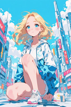 Sketch painting. lyh_niji. anime style. 1girl. A vibrant anime-style illustration of a young blonde woman sitting on the ground in a futuristic cityscape. She wears a blue and white windbreaker and white sneakers with pink accents. Her wide blue eyes are filled with wonder, and her cheeks are flushed, suggesting excitement or surprise. The wind gently tousles her hair as futuristic skyscrapers and neon signs fill the background, all under a bright blue sky with fluffy clouds. The setting conveys a sense of adventure in a modern, high-tech urban environment, with bold, clean lines and pastel colors adding a soft yet dynamic feel.