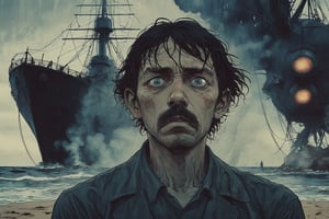 Closeup of a frightened man, eyes wide open, the narrator of War of the World, standing offcenter at the beach. Background is the steamship Ironclad warship HMS Thunder Child firing at a Martian Tripod