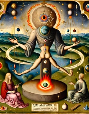 Paiting of a Medieval cosmic rendition of the alchemy elements, planets, water, fire, earth, third eye, sitting on a balance, Sky, mountain and medow in the background