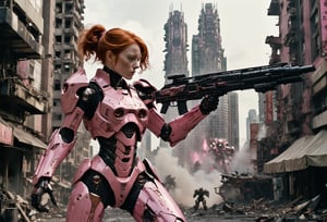  A cinematic film still of a redhead in a pink-powered armor suit, shooting at giant black mecha. The heroine's armor is adorned with intricate designs and a retractable shroud, revealing her determination and strength. The background is a dystopian cityscape, with buildings crumbling and people caught in the crossfire. Style by J.C. Leyendecker. Canon 5d Mark 4, Kodak Ektar, 35mm 