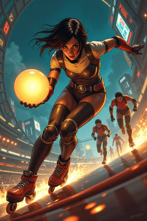 Oil painting. Anime style by J.C. Leyendecker. Battle Angel Alita competing in a high-speed Motorball game. Alita, wearing her iconic sleek cyborg armor, races through the futuristic Motorball rollercoaster like tracks on rollerblades, gripping the glowing Motorball in one hand. Her face is focused and determined, with cybernetic enhancements emphasizing her power and agility. The arena is a high-tech, metallic environment with neon lights, massive crowds, and a gritty, industrial vibe. In the background, other cybernetic players chase after her, each equipped with various mechanical enhancements designed for speed and combat. Sparks fly from Alita's blades as she speeds around a sharp curve, with the atmosphere of the scene reflecting the intensity, competition, and danger of the Motorball game. The overall aesthetic is bold, dynamic, and futuristic, with a mix of cyberpunk elements and action-packed energy