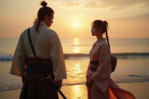 Photography. A deeply emotional and dramatic scene between a ronin and his girlfriend at a seaside, set during their final goodbye. The ronin, dressed in worn-out traditional samurai robes, stands solemnly with his hand resting on the hilt of his katana. His girlfriend, wearing a flowing kimono, stands far apart from him, her expression filled with sorrow and longing. They are gazing intensely at each other, the distance between them symbolizing the emotional rift as they say their farewells. The backdrop is a serene, yet melancholic, seaside with waves gently lapping at the shore, and the setting sun casting long shadows and a golden glow over the scene. The sky is painted with hues of orange and pink, adding to the bittersweet atmosphere. The overall composition captures the profound emotion of separation and unspoken love.,