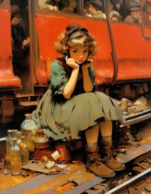Oil Painting, Anime. Girl holding a phone, sitting on train,  red interior, rust, garbage on the floor, broken bottles, r3mbr4ndt, art by Rembrandt, art by J.C. Leyendecker