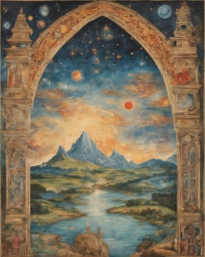 Medieval painting of a Cosmic archway, into another dimention of the alchemy elements, planets, water, fire, earth.  clear sky, mountain and medow, Simple background