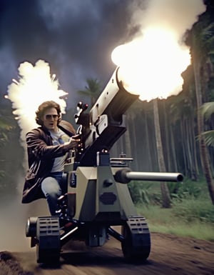 H4ck3rm4n, Cinematic film still of a man riding a T-rex, hackerman, firing gatling gun