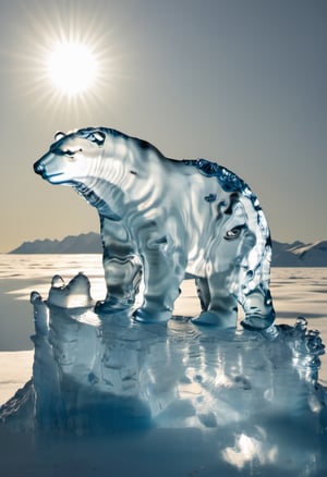 Photo of a polar bear made of water, over blue polar ice cap, bright sun