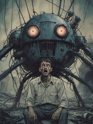 Closeup of a frightened man, the narrator of War of the World, facing a Martian Tripod Machine with three legs